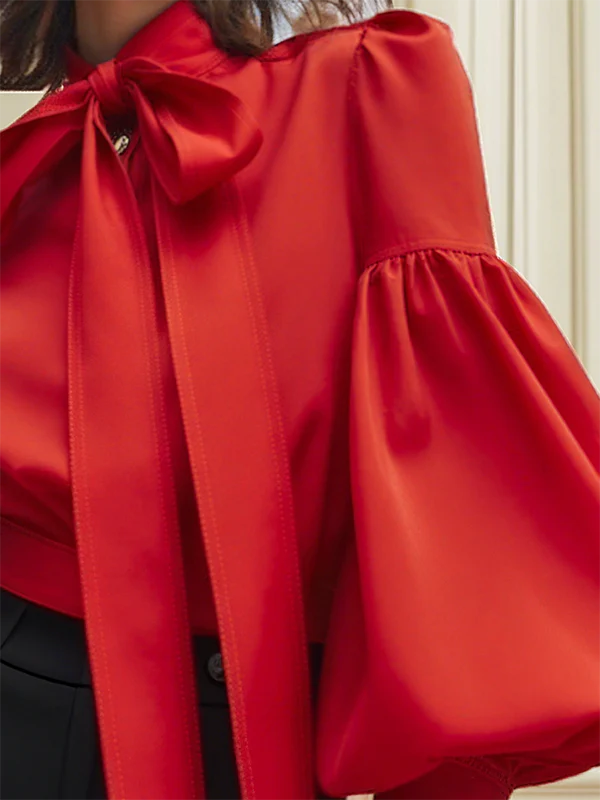 Puff Sleeves Bowknot Solid Color Stand Collar Blouses&Shirts Tops - Image 3