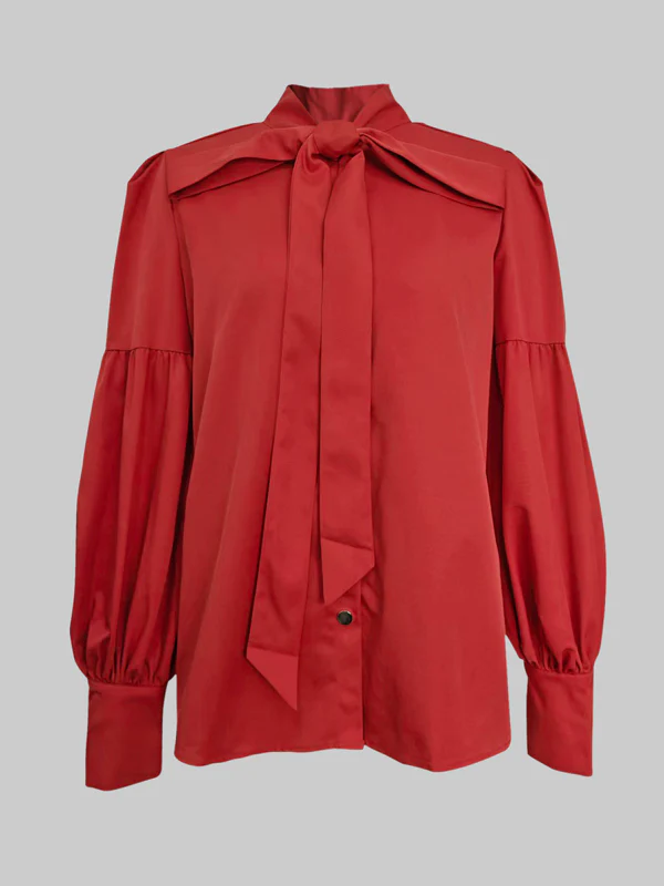 Puff Sleeves Bowknot Solid Color Stand Collar Blouses&Shirts Tops - Image 4