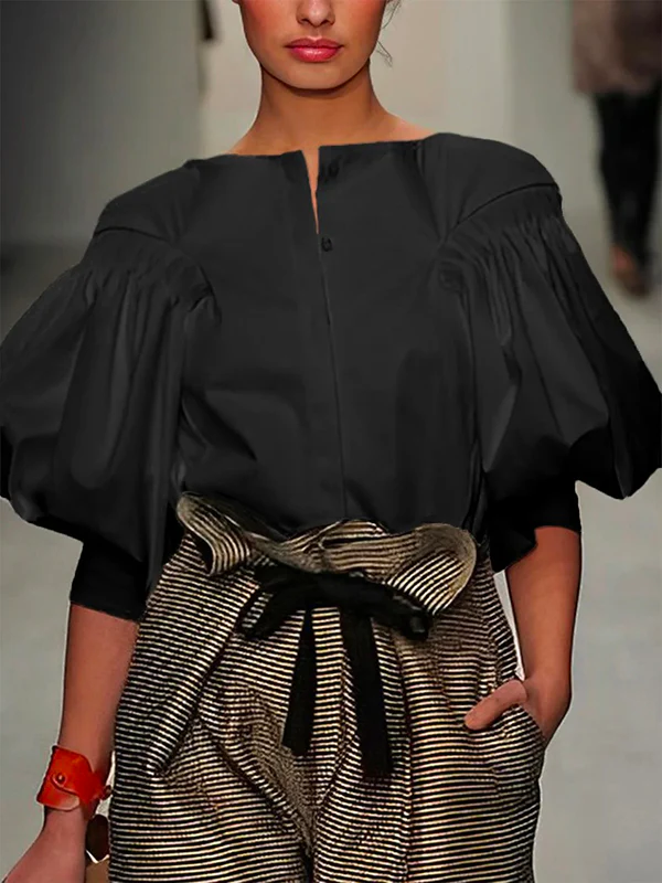 Puff Sleeves Buttoned Solid Color Blouses&Shirts Tops - Image 2