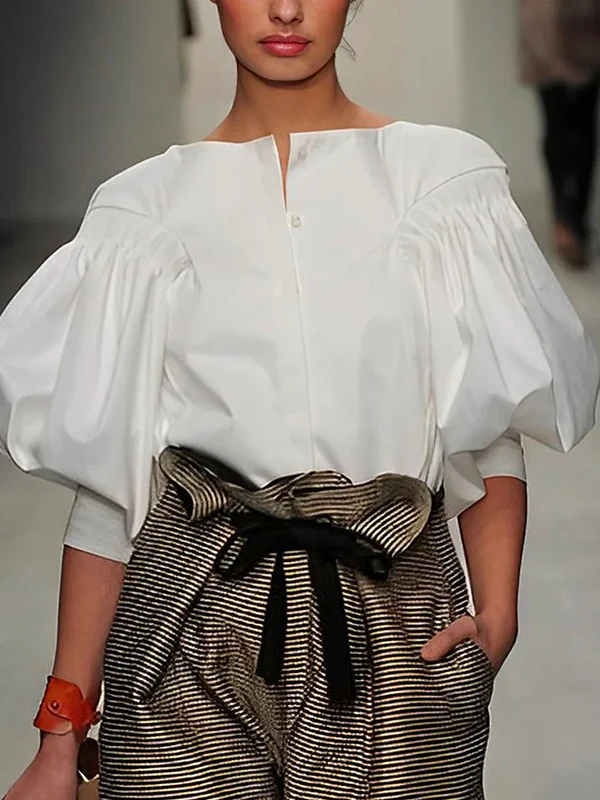 Puff Sleeves Buttoned Solid Color Blouses&Shirts Tops - Image 6