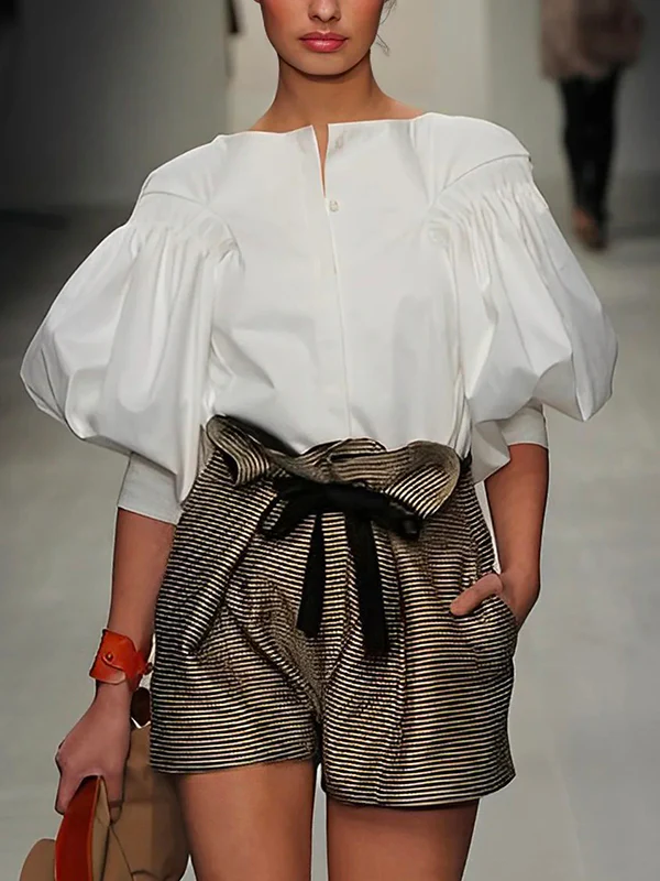 Puff Sleeves Buttoned Solid Color Blouses&Shirts Tops - Image 7