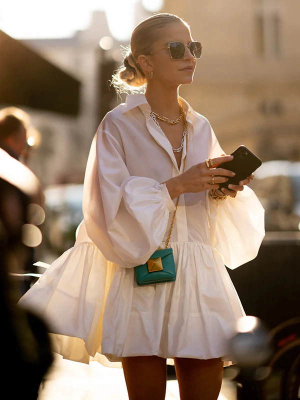 Puff Sleeves Buttoned Solid Color Split-Joint Lapel Mini Dresses Shirt Dress - Image 10
