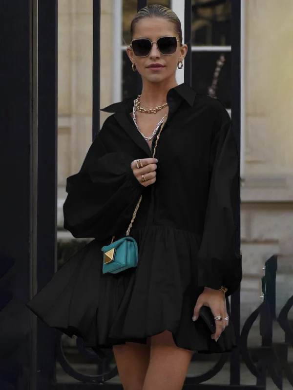 Puff Sleeves Buttoned Solid Color Split-Joint Lapel Mini Dresses Shirt Dress - Image 11