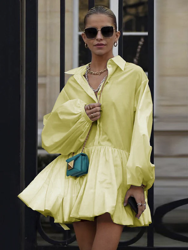 Puff Sleeves Buttoned Solid Color Split-Joint Lapel Mini Dresses Shirt Dress - Image 13