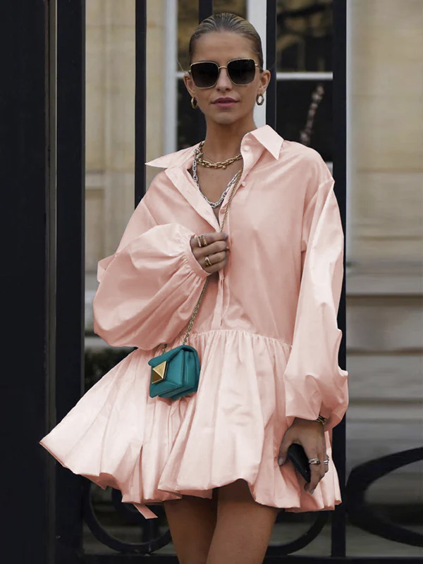 Puff Sleeves Buttoned Solid Color Split-Joint Lapel Mini Dresses Shirt Dress - Image 14