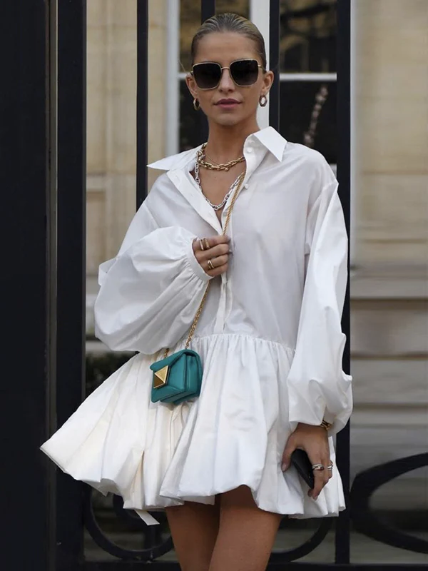 Puff Sleeves Buttoned Solid Color Split-Joint Lapel Mini Dresses Shirt Dress - Image 2