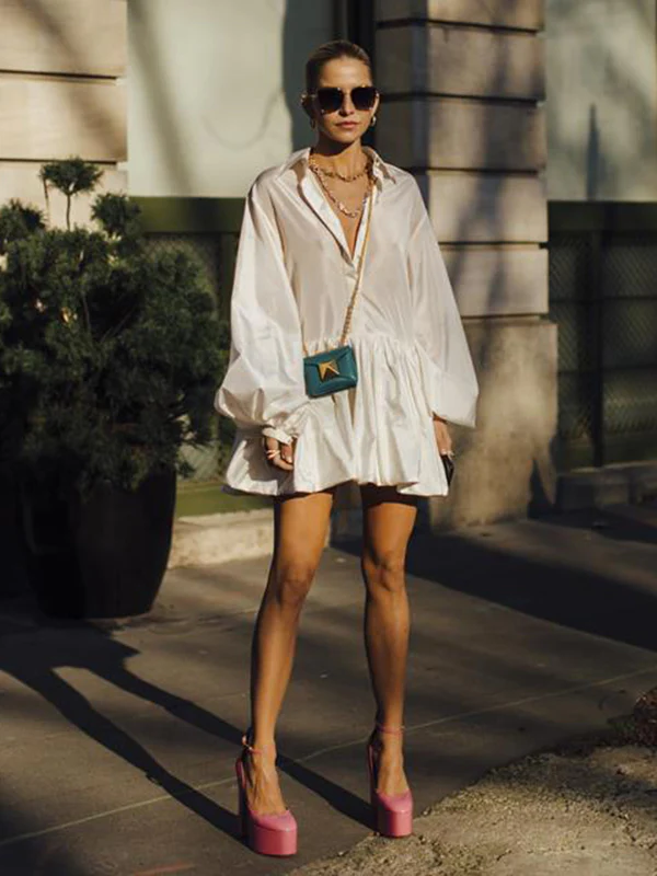 Puff Sleeves Buttoned Solid Color Split-Joint Lapel Mini Dresses Shirt Dress - Image 9