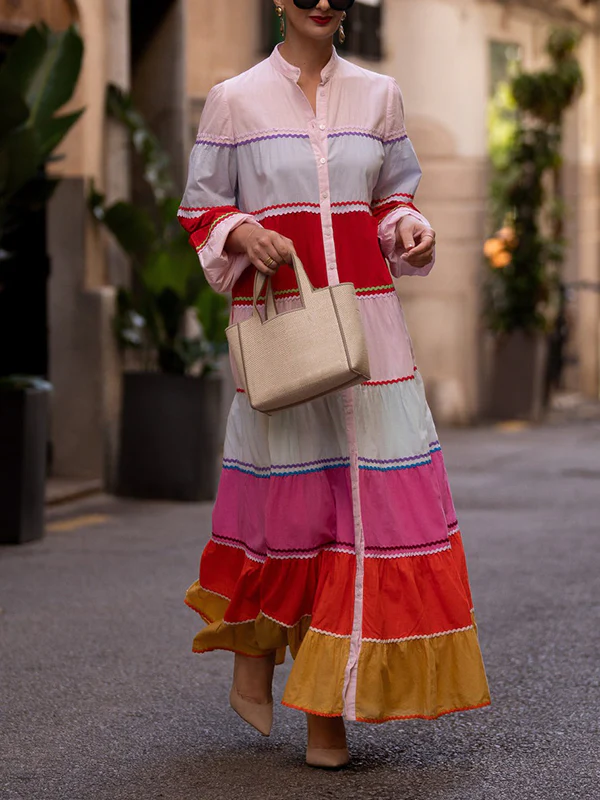 Puff Sleeves Contrast Color Split-Joint Round-Neck Maxi Dresses Shirt Dress - Image 2