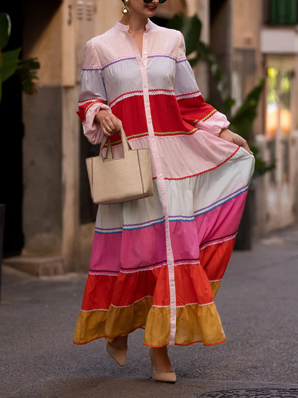 Puff Sleeves Contrast Color Split-Joint Round-Neck Maxi Dresses Shirt Dress - Image 3