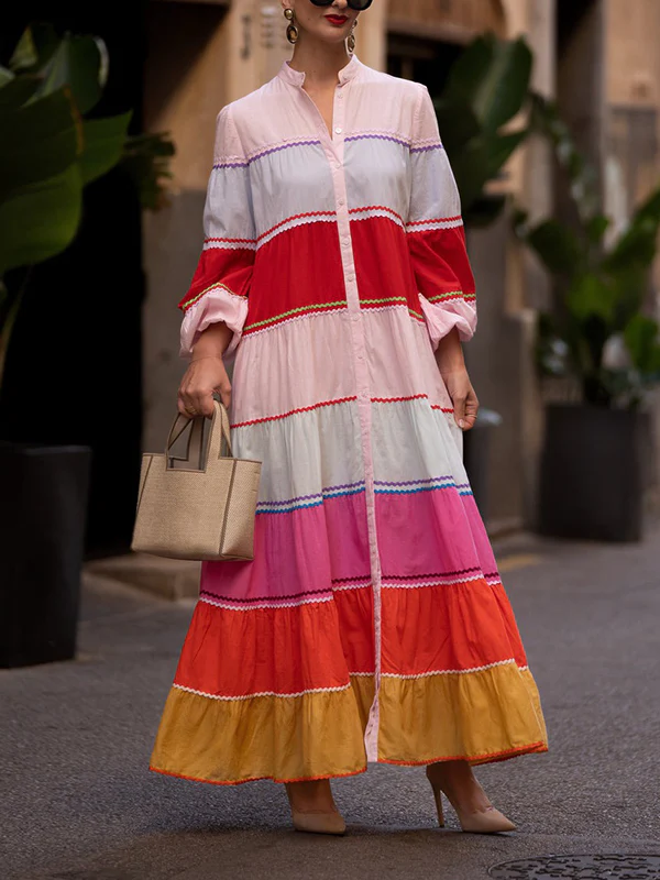 Puff Sleeves Contrast Color Split-Joint Round-Neck Maxi Dresses Shirt Dress - Image 4