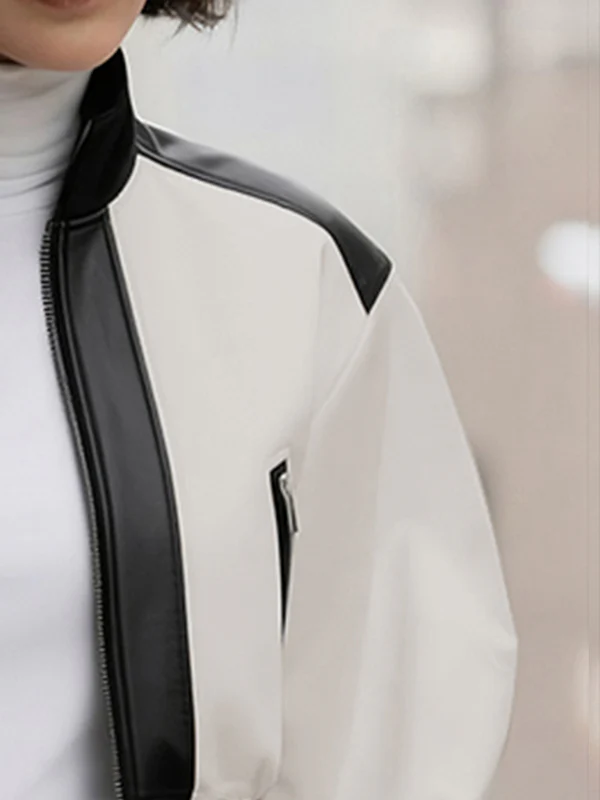 Puff Sleeves Contrast Color Split-Joint Zipper Stand Collar Jackets&Coats - Image 5