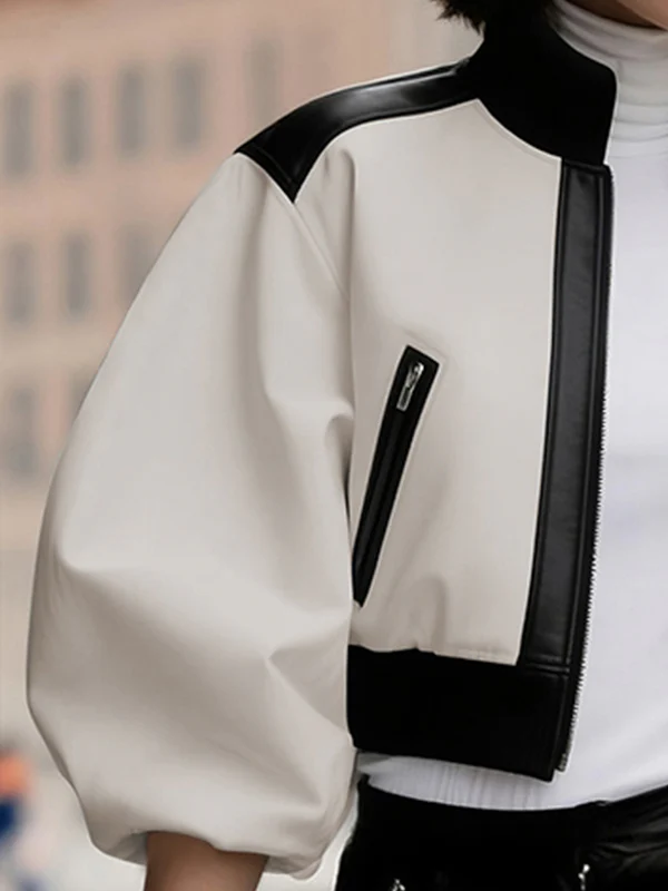 Puff Sleeves Contrast Color Split-Joint Zipper Stand Collar Jackets&Coats - Image 6