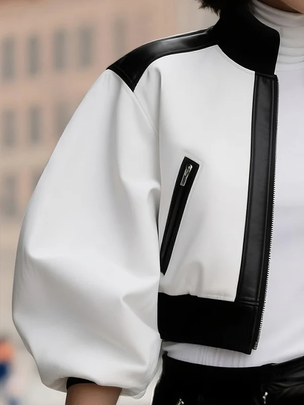 Puff Sleeves Contrast Color Split-Joint Zipper Stand Collar Jackets&Coats - Image 7