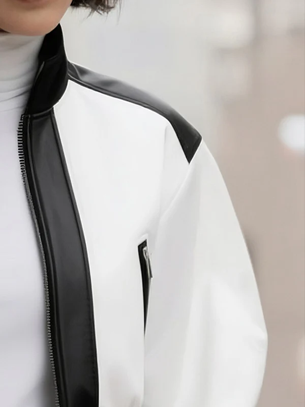 Puff Sleeves Contrast Color Split-Joint Zipper Stand Collar Jackets&Coats - Image 8
