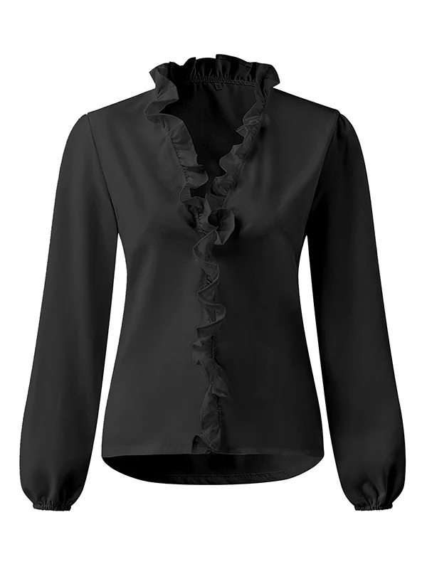 Puff Sleeves Falbala Solid Color V-Neck Blouses - Image 10