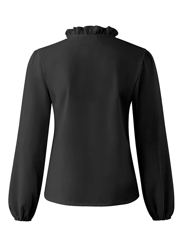 Puff Sleeves Falbala Solid Color V-Neck Blouses - Image 11