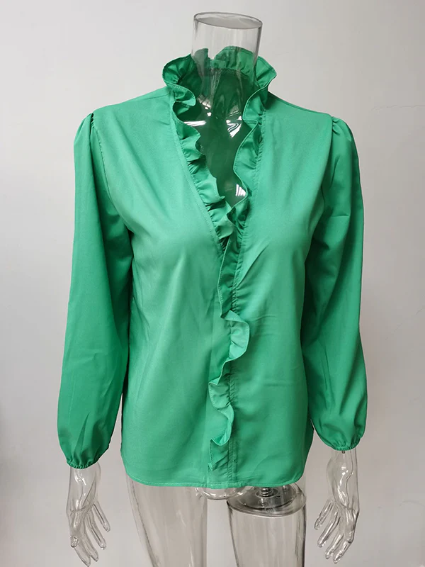 Puff Sleeves Falbala Solid Color V-Neck Blouses - Image 12