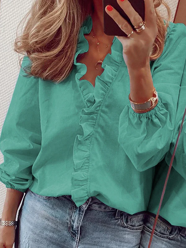 Puff Sleeves Falbala Solid Color V-Neck Blouses - Image 3
