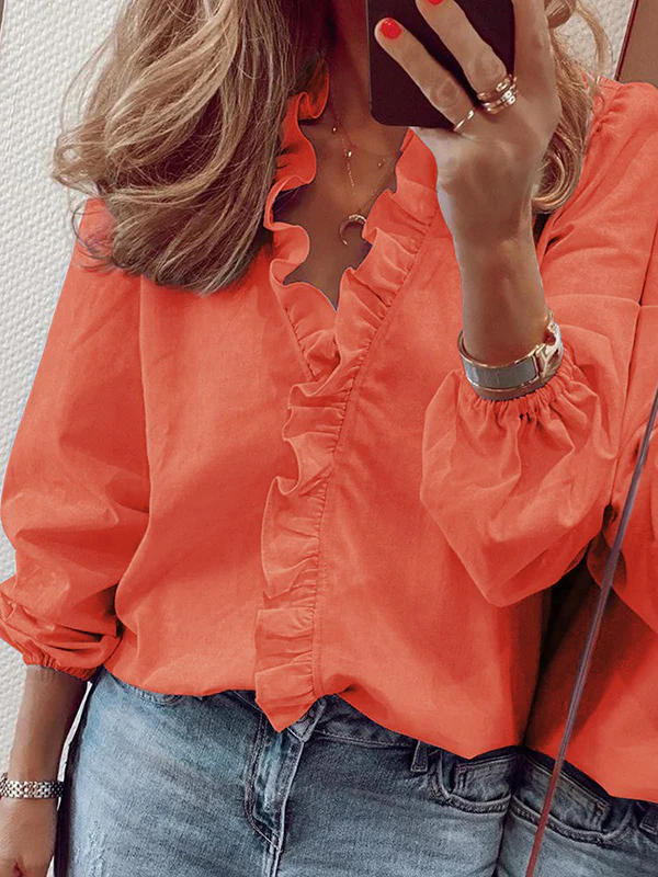 Puff Sleeves Falbala Solid Color V-Neck Blouses - Image 4