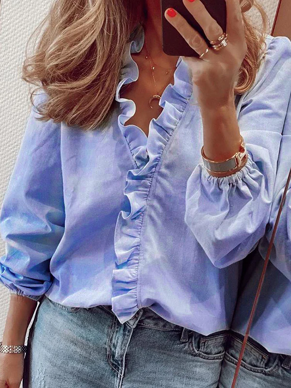 Puff Sleeves Falbala Solid Color V-Neck Blouses - Image 6