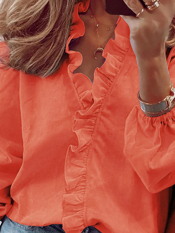Puff Sleeves Falbala Solid Color V-Neck Blouses - Image 7