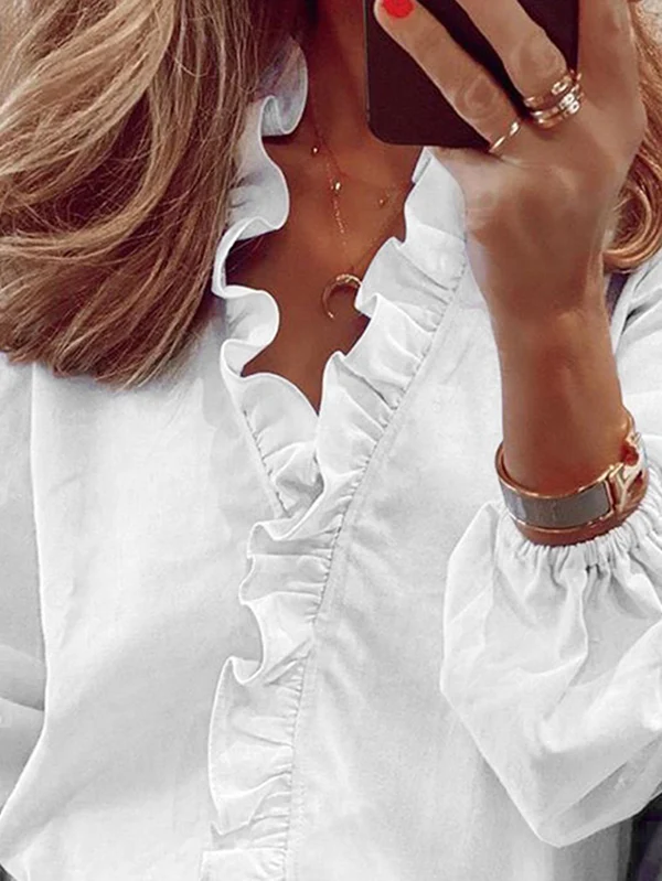 Puff Sleeves Falbala Solid Color V-Neck Blouses - Image 8