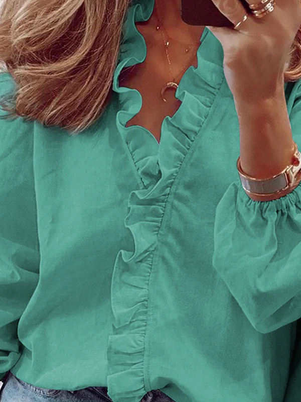 Puff Sleeves Falbala Solid Color V-Neck Blouses - Image 9