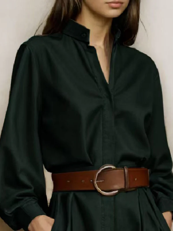 Puff Sleeves Loose Buttoned Solid Color Split-Joint Stand Collar Blouses&Shirts Tops - Image 2