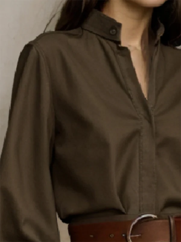 Puff Sleeves Loose Buttoned Solid Color Split-Joint Stand Collar Blouses&Shirts Tops - Image 3