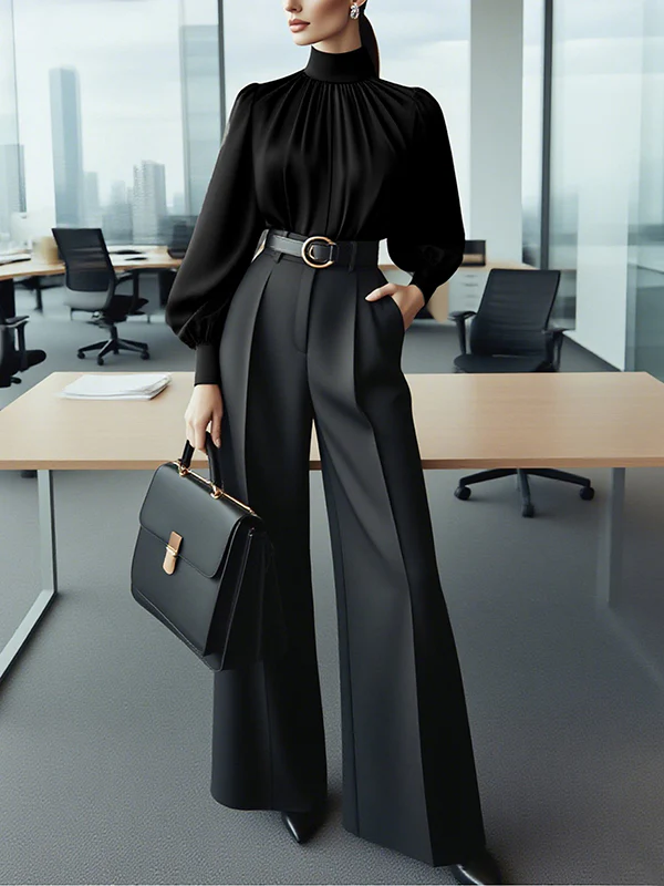 Puff Sleeves Pleated Solid Color Split-Joint High Neck Blouses&Shirts Tops - Image 2
