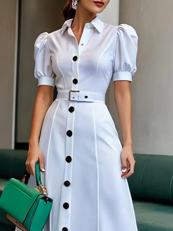 Puff Sleeves Short Sleeves Belted Buttoned Solid Color Lapel Maxi Dresses Shirt Dress - Image 2