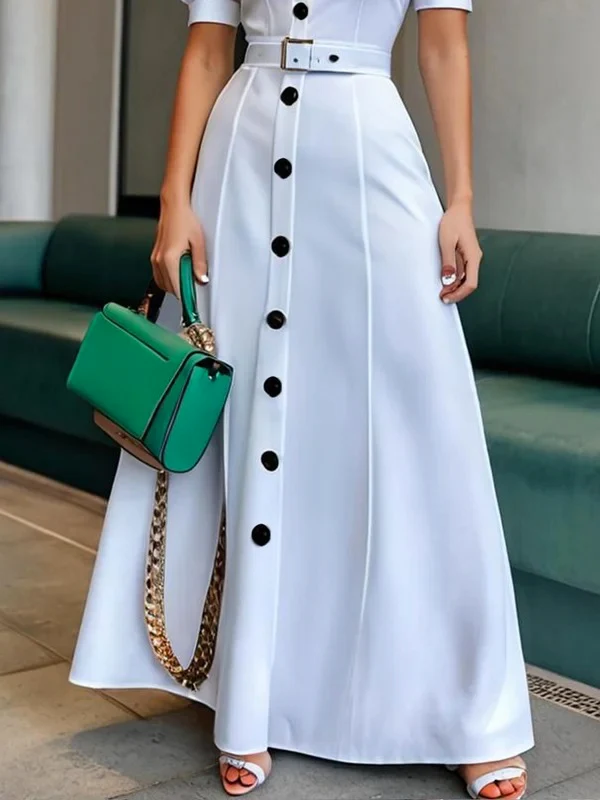 Puff Sleeves Short Sleeves Belted Buttoned Solid Color Lapel Maxi Dresses Shirt Dress - Image 3