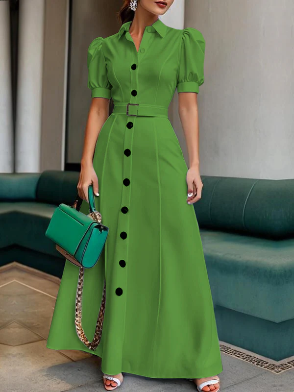 Puff Sleeves Short Sleeves Belted Buttoned Solid Color Lapel Maxi Dresses Shirt Dress - Image 4