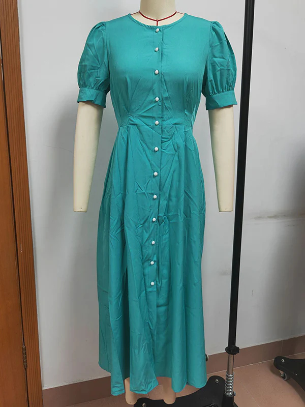 Puff Sleeves Short Sleeves Buttoned Solid Color Round-Neck Midi Dresses Shirt Dress - Image 10