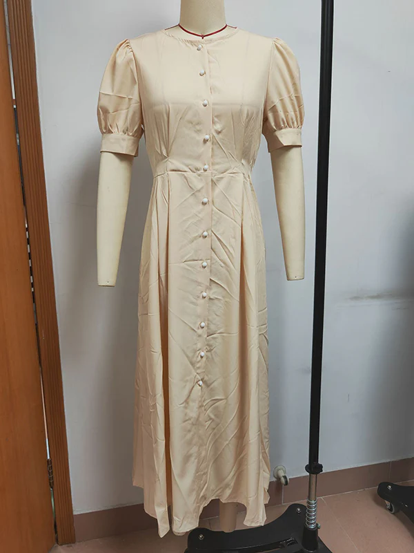 Puff Sleeves Short Sleeves Buttoned Solid Color Round-Neck Midi Dresses Shirt Dress - Image 11