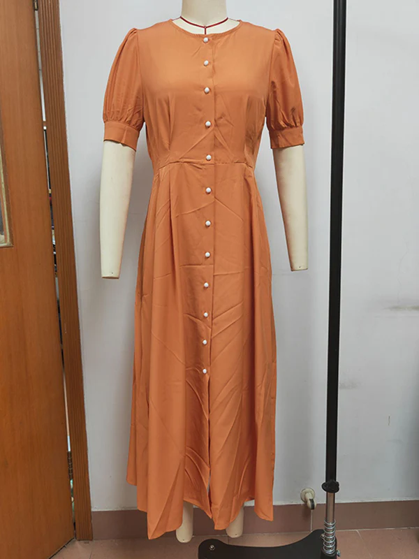 Puff Sleeves Short Sleeves Buttoned Solid Color Round-Neck Midi Dresses Shirt Dress - Image 12