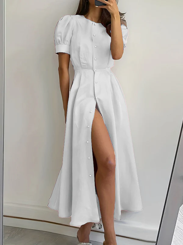 Puff Sleeves Short Sleeves Buttoned Solid Color Round-Neck Midi Dresses Shirt Dress - Image 3