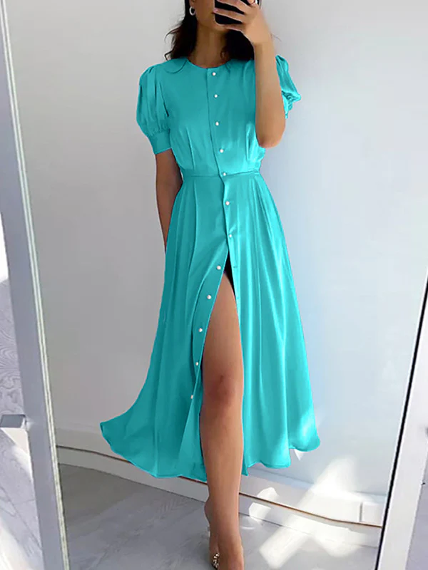 Puff Sleeves Short Sleeves Buttoned Solid Color Round-Neck Midi Dresses Shirt Dress - Image 4