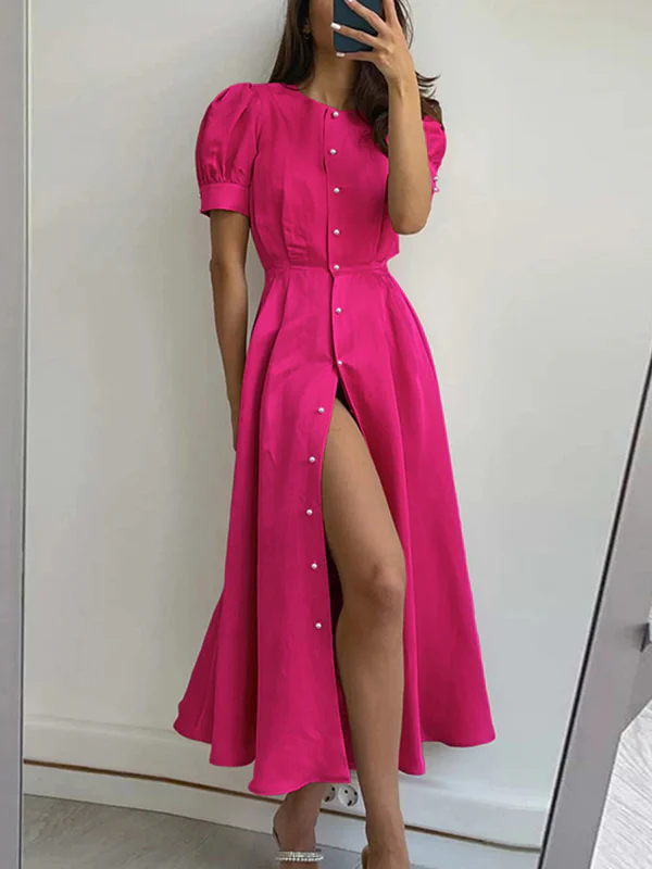 Puff Sleeves Short Sleeves Buttoned Solid Color Round-Neck Midi Dresses Shirt Dress - Image 6