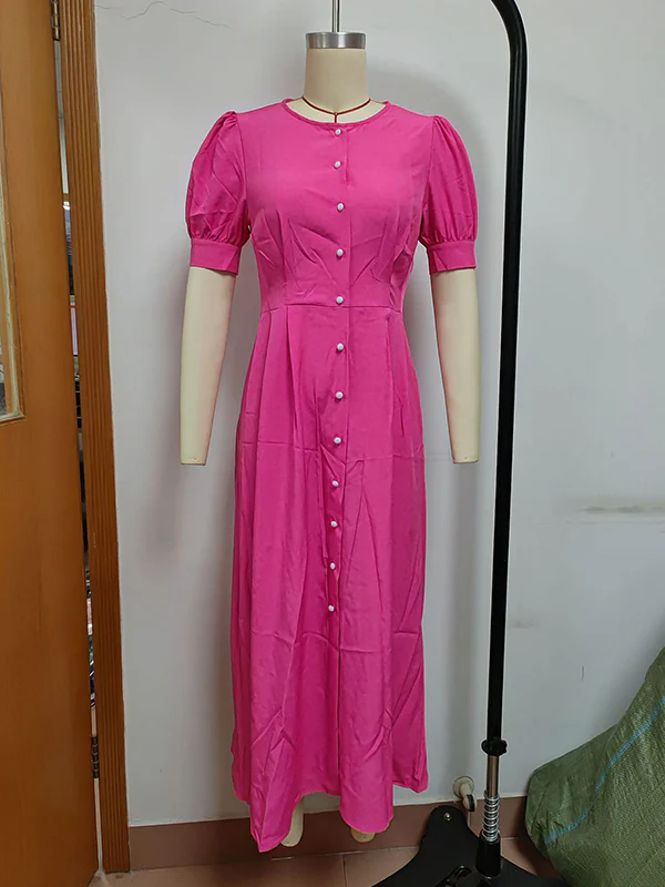 Puff Sleeves Short Sleeves Buttoned Solid Color Round-Neck Midi Dresses Shirt Dress - Image 7