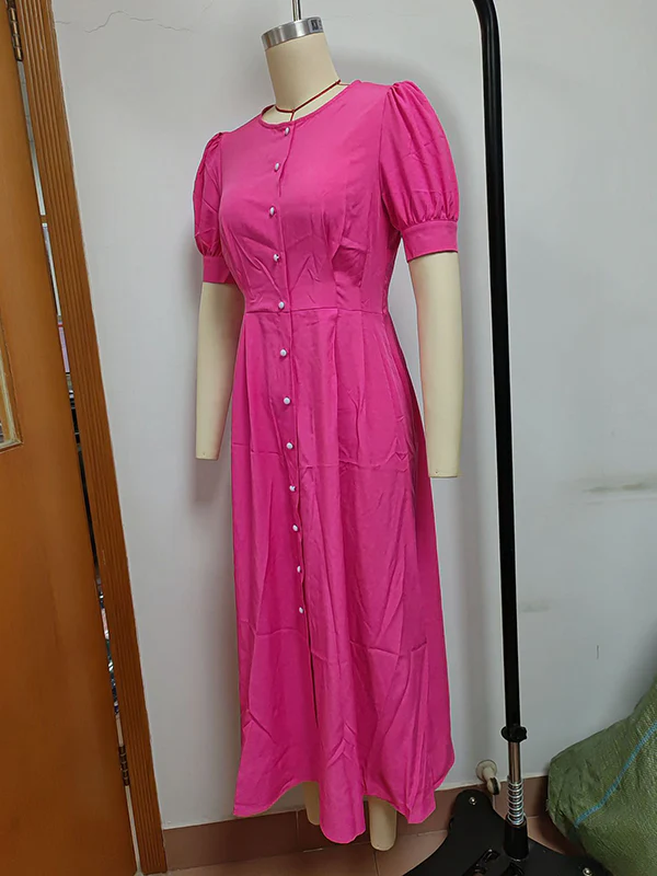 Puff Sleeves Short Sleeves Buttoned Solid Color Round-Neck Midi Dresses Shirt Dress - Image 8
