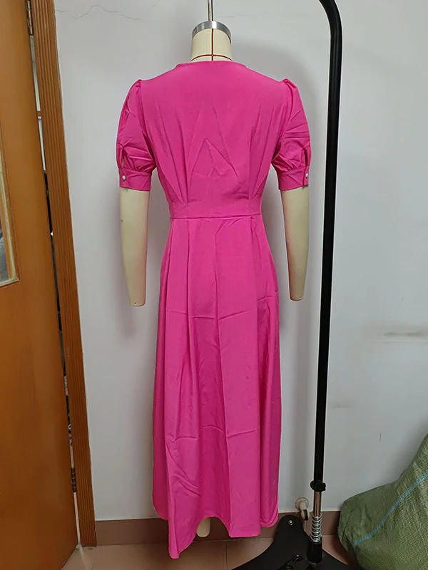 Puff Sleeves Short Sleeves Buttoned Solid Color Round-Neck Midi Dresses Shirt Dress - Image 9