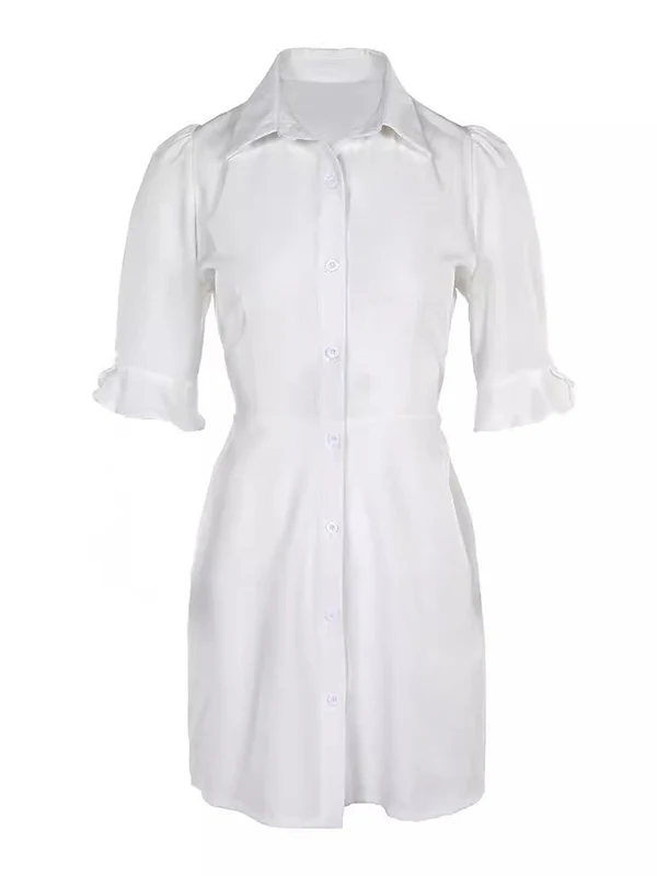 Puff Sleeves Short Sleeves Solid Color Split-Joint Lapel Mini Dresses Shirt Dress - Image 2