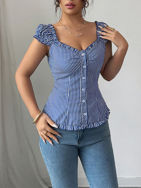 Puff Sleeves Skinny Buttoned Pleated Striped Square-Neck Blouses&Shirts Tops - Image 2