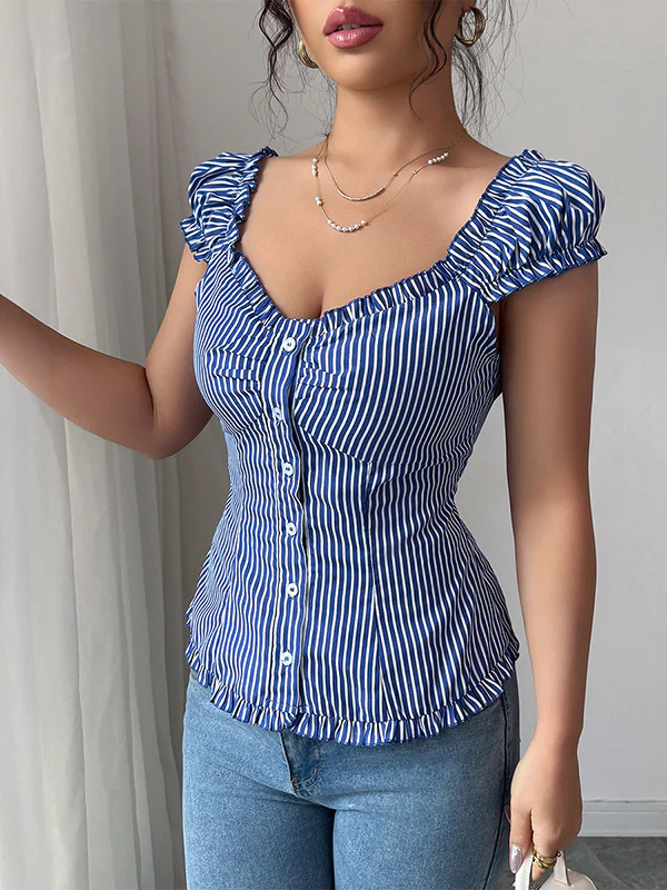 Puff Sleeves Skinny Buttoned Pleated Striped Square-Neck Blouses&Shirts Tops - Image 4