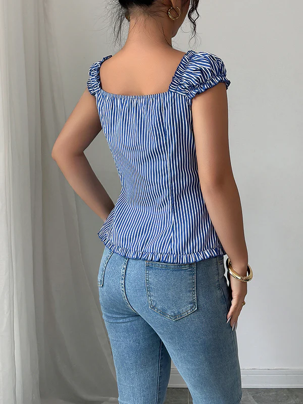 Puff Sleeves Skinny Buttoned Pleated Striped Square-Neck Blouses&Shirts Tops - Image 5