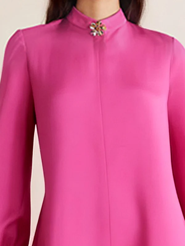 Puff Sleeves Solid Color Split-Joint Round-Neck Maxi Dresses Shirt Dress - Image 2