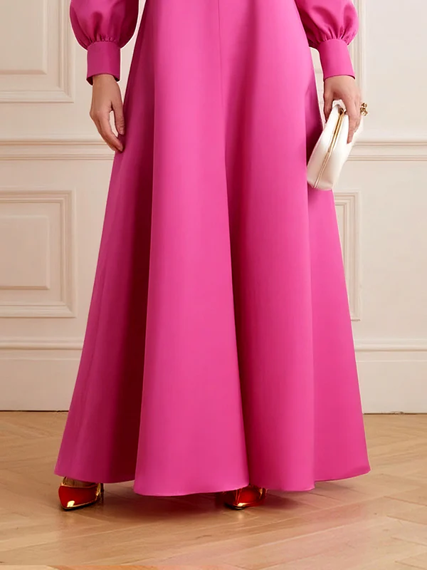 Puff Sleeves Solid Color Split-Joint Round-Neck Maxi Dresses Shirt Dress - Image 3