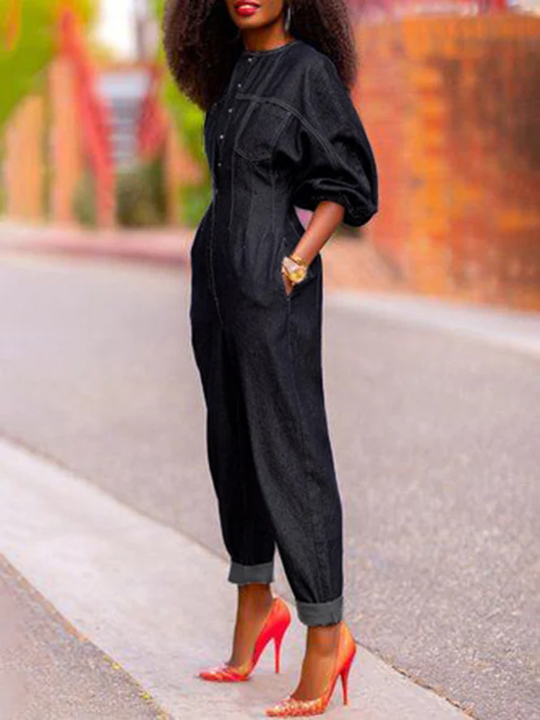 Puff Sleeves Split-Joint Round-Neck Jumpsuits - Image 2