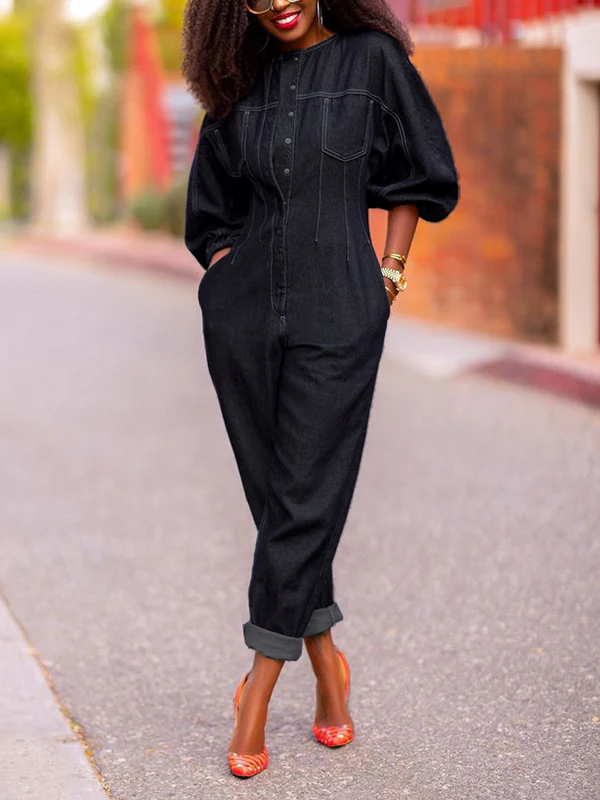 Puff Sleeves Split-Joint Round-Neck Jumpsuits - Image 3
